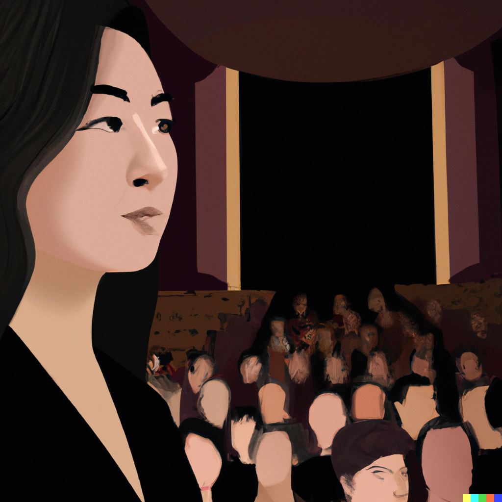 DALL·E 2023-03-24 09.36.52 - a woman public speaking in a theatre with lots of people. digital art.png