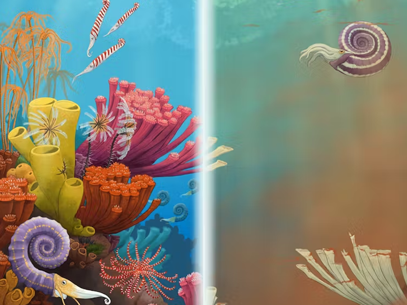 An artist's impression of a coral reef in the late Triassic, before and after an extinction event. The left-hand side shows a vibrant, colourful scene with clear seas populated by a wide variety of wildlife; the left-hand side shows dark, clouded water with bleached corals and a single nautilus creature.
