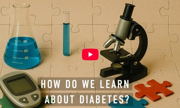A microscope, test tube and continuous glucose monitor alongside several coloured jigsaw pieces